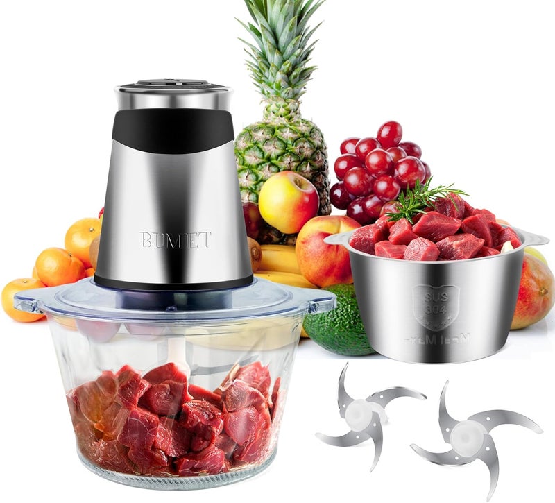 BUMET Electric food processor vegetable chopper 500W 2x8cup bowls 2 bi-layer 4 blades Small Food chopper ideal as Electric Meat grinder for home use,Mincing,chopping for kitchen aid,baby foot,pet food - Image 1